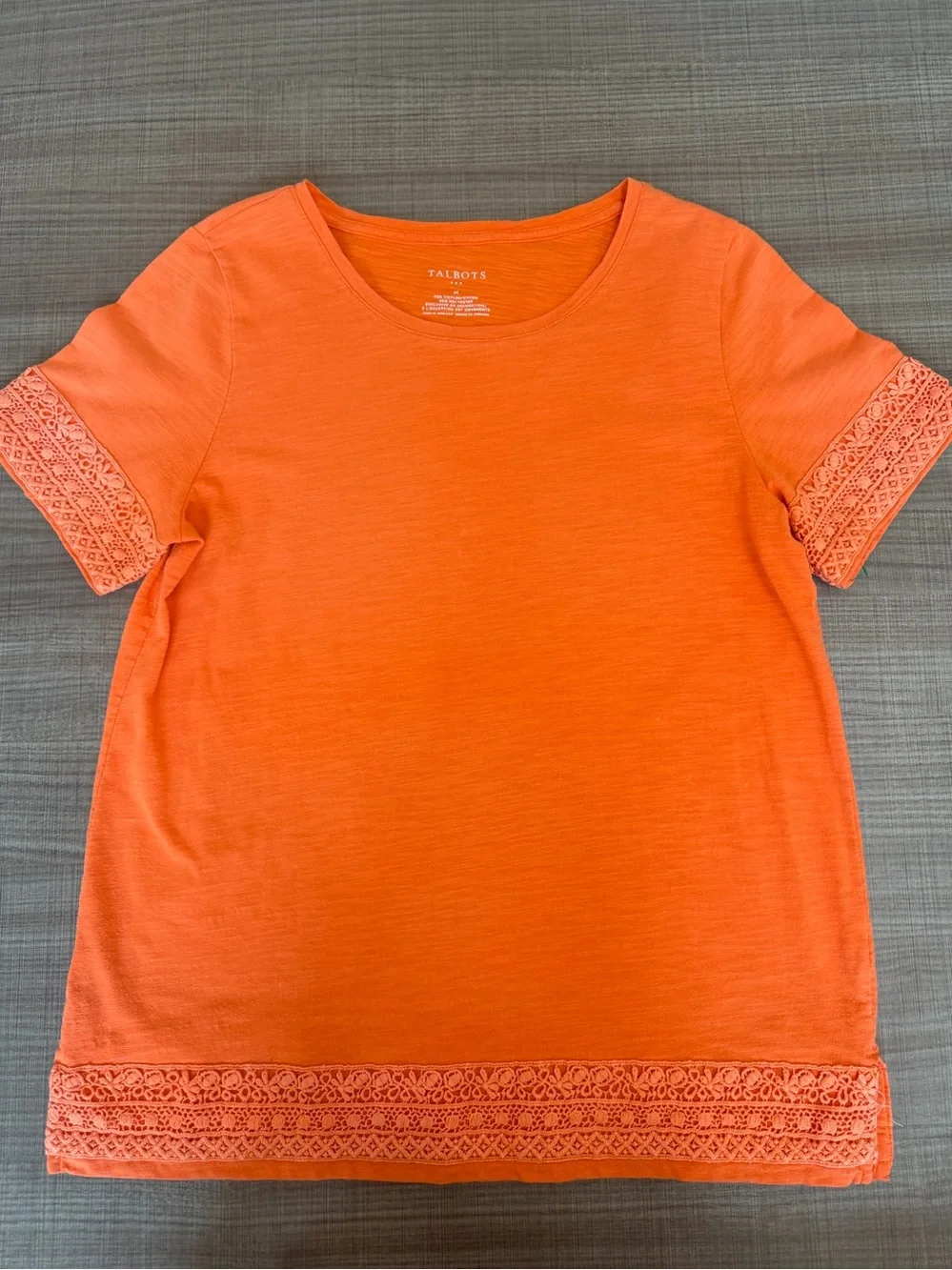 Talbots Orange Short-Sleeve Top with Crochet Trim Size M
